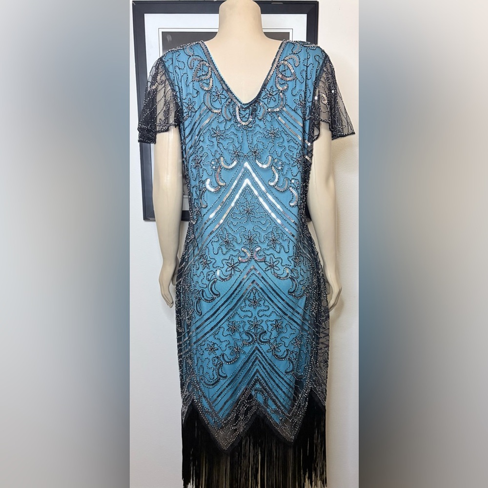 Teal & Black Sequin Embellished Fringed Flapper Gatsby Dress Size 3XL - Picture 7 of 8